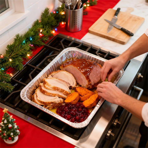 JOLLY CHEF foil pan with leakproof edges for mess-free holiday transport.