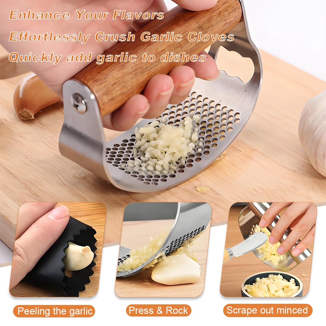 JOMIHONEY stainless steel garlic press supports versatile mincing of cloves
