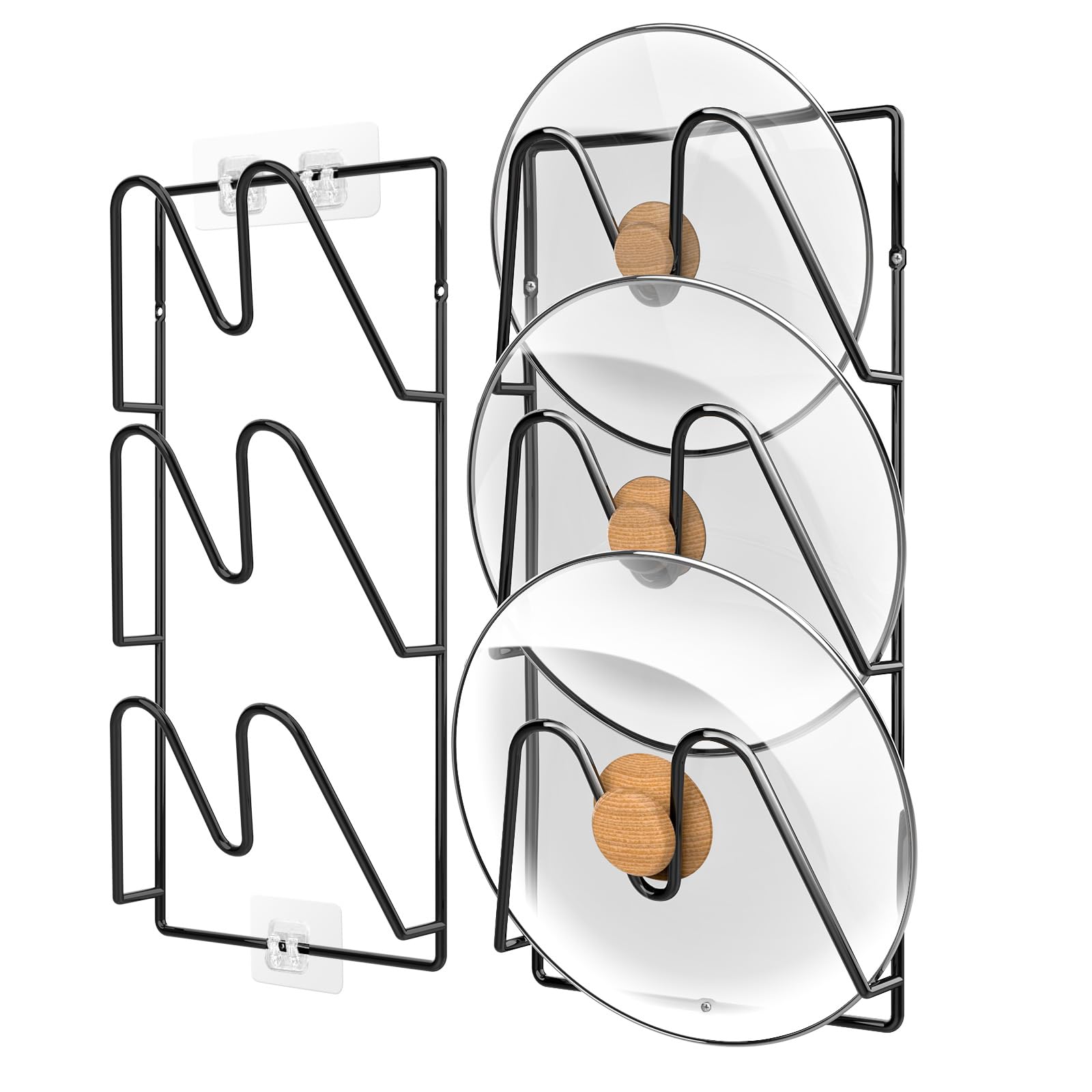 Jomoto pot lid organizer mounted in cabinet showing six tidy lid tiers