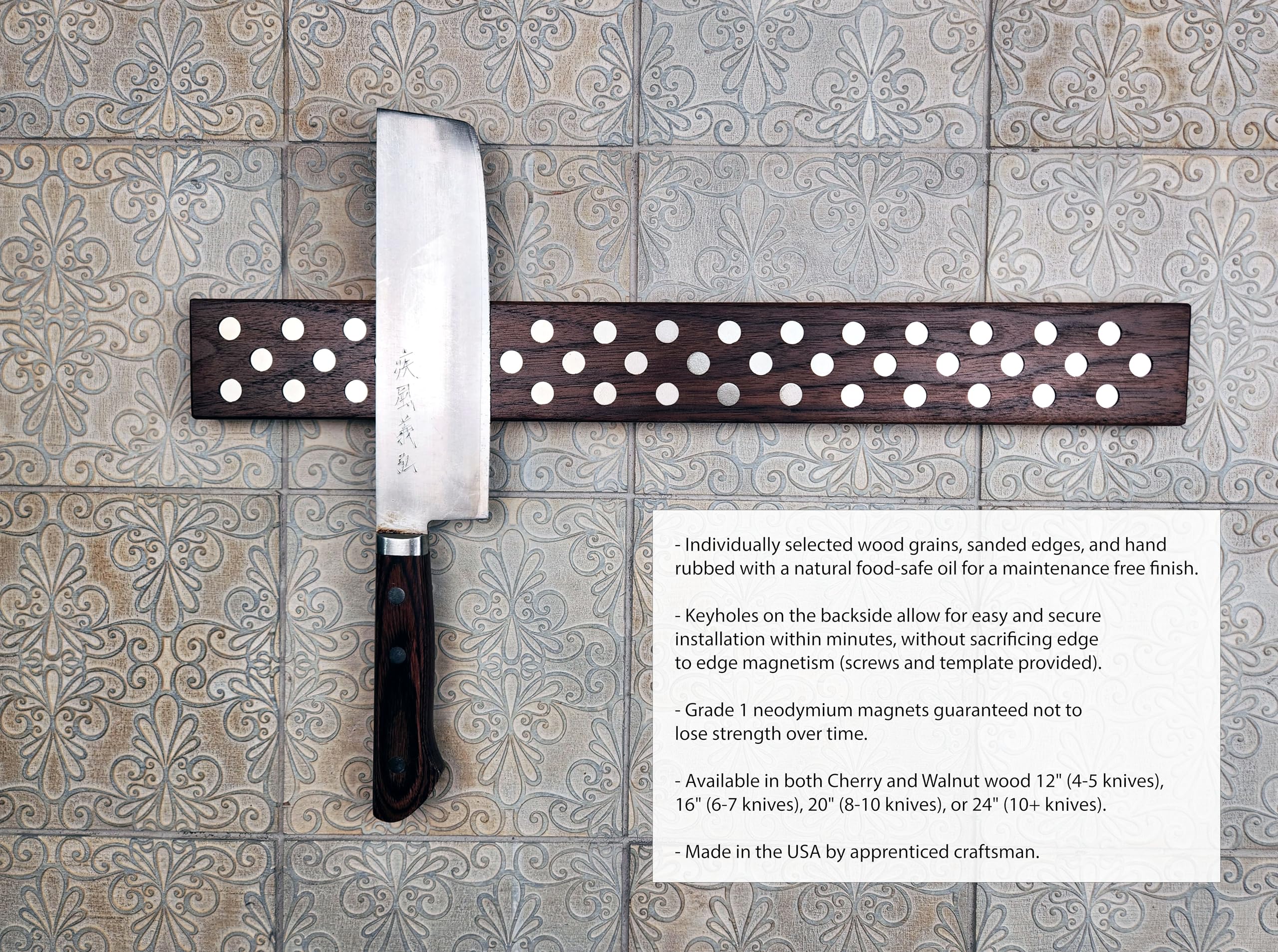 Jonathan Alden walnut magnetic knife bar close up shows durable storage