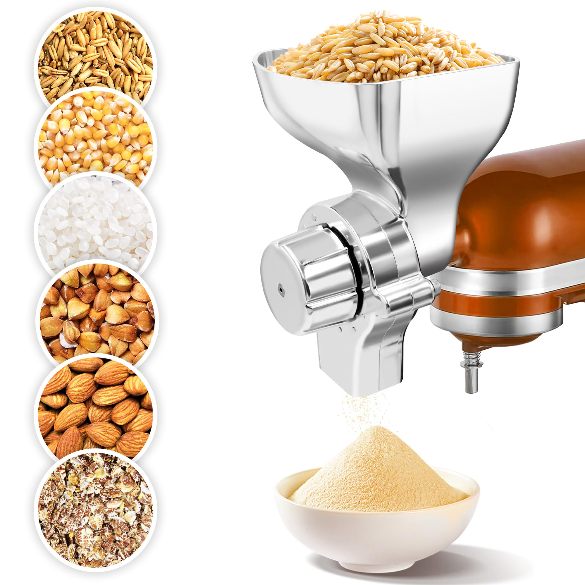 Jooke grain mill attachment on KitchenAid front view for sturdy, home grinding
