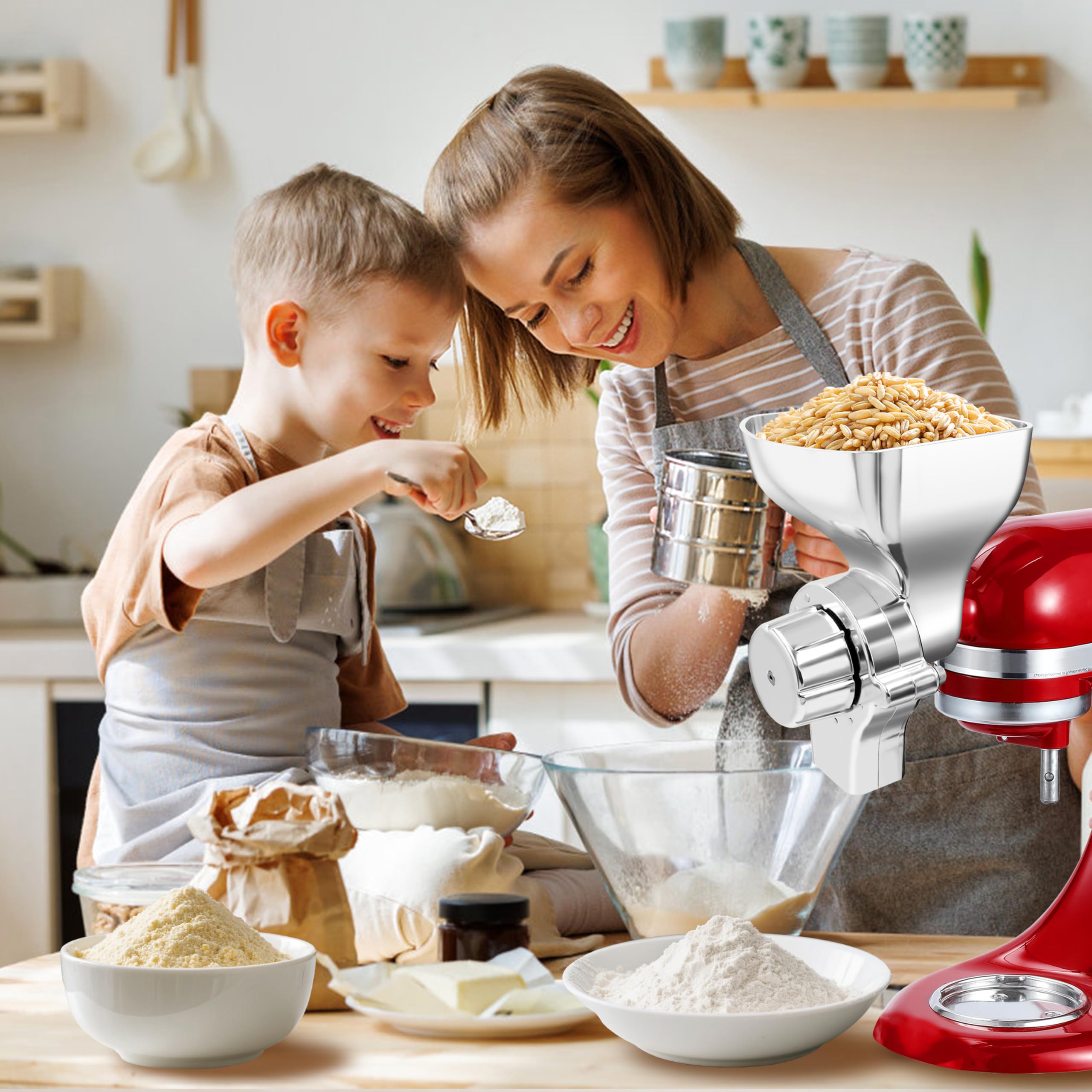 Grains like wheat and oats prepared for grinding with Jooke attachment
