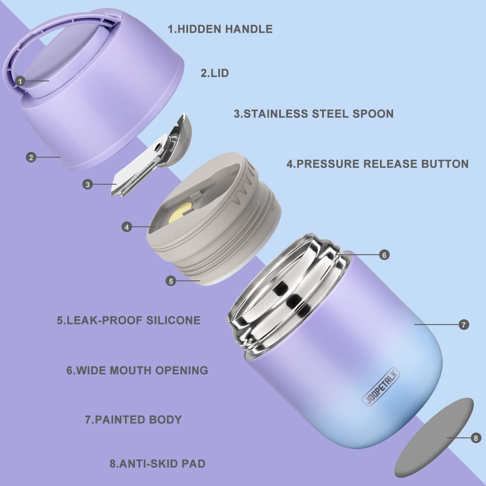 JOOPETALK wide-mouth thermo lunch bottle for easy filling and scooping.