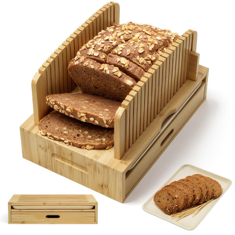 Joothlin bamboo bread slicer with adjustable width for even slices.
