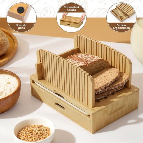 Joothlin bamboo slicer with crumb tray keeps counters tidy.