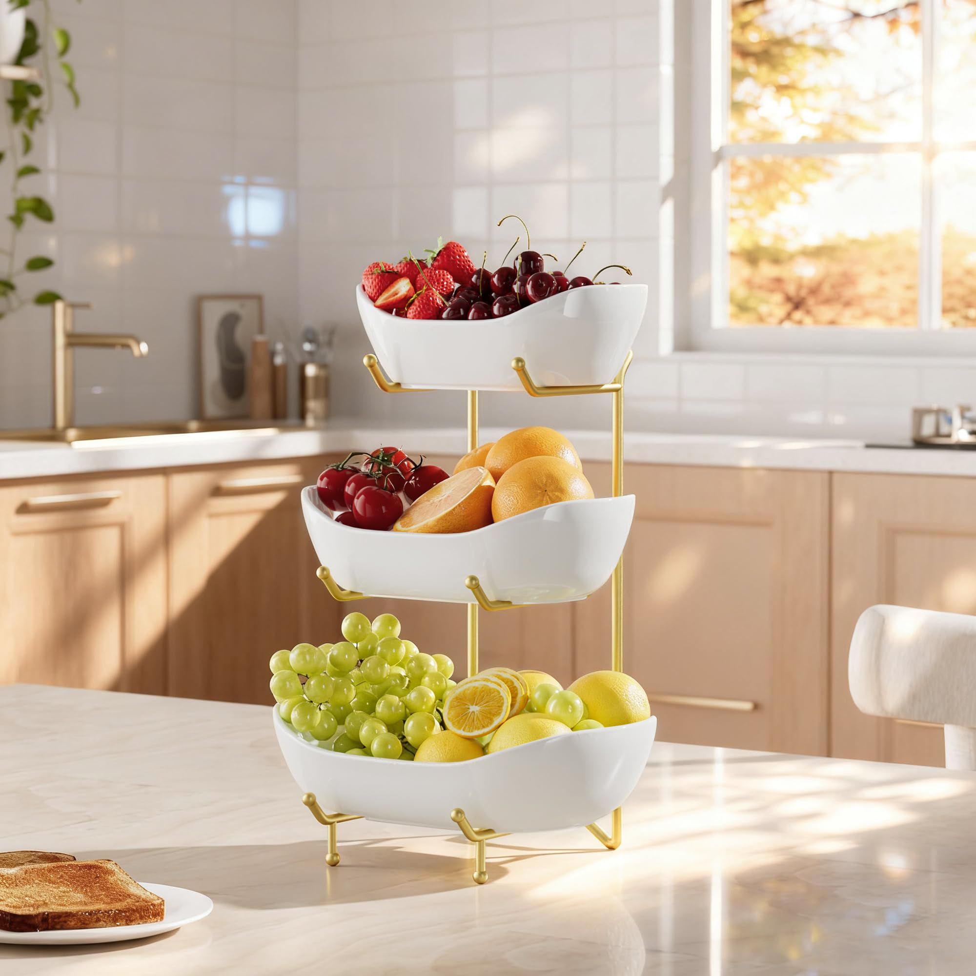 Josmimic fruit basket on counter for easy access to snacks