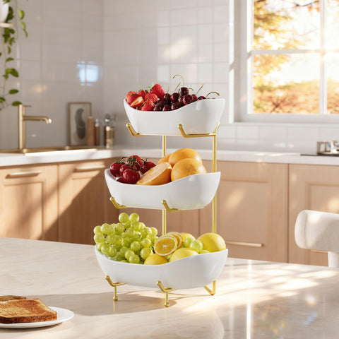 Josmimic fruit basket on counter for easy access to snacks
