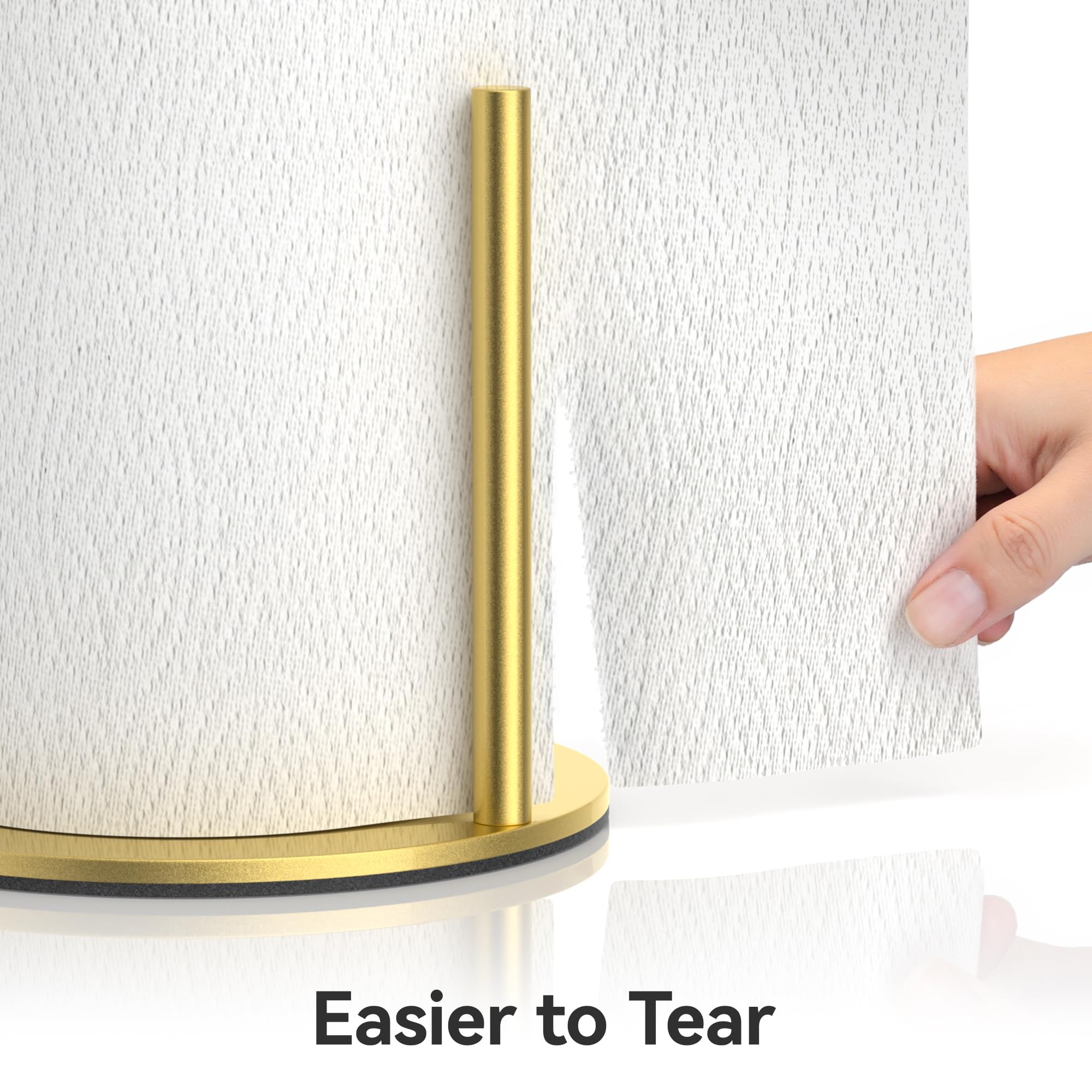 Josmimic gold-arm paper towel holder enables easy tearing without unraveling.