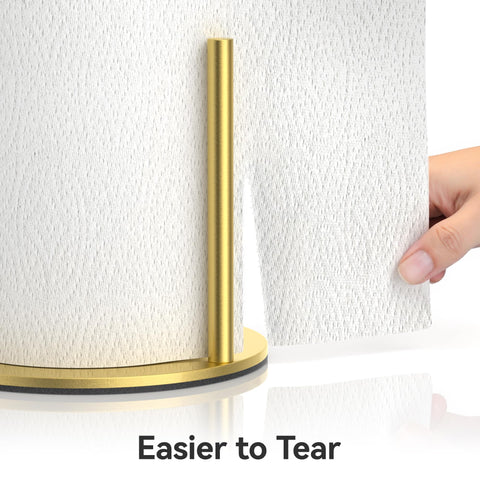 Josmimic gold-arm paper towel holder enables easy tearing without unraveling.