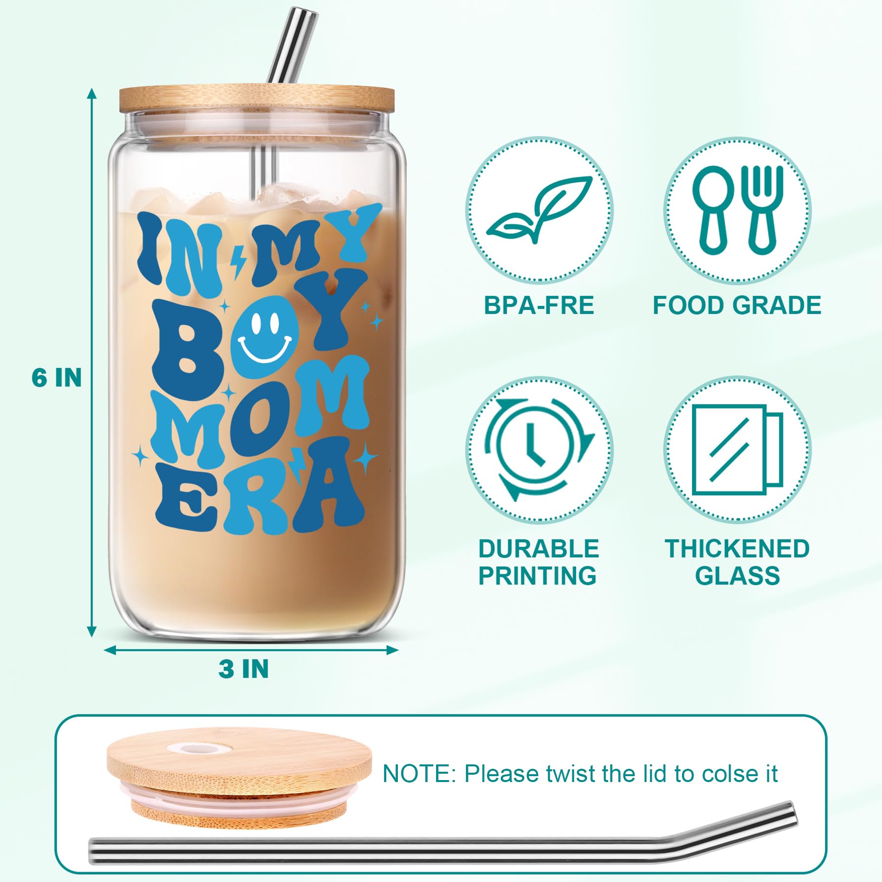 JOSTTER Boy Mom glass cup side view, sturdy 16 oz for home or office use