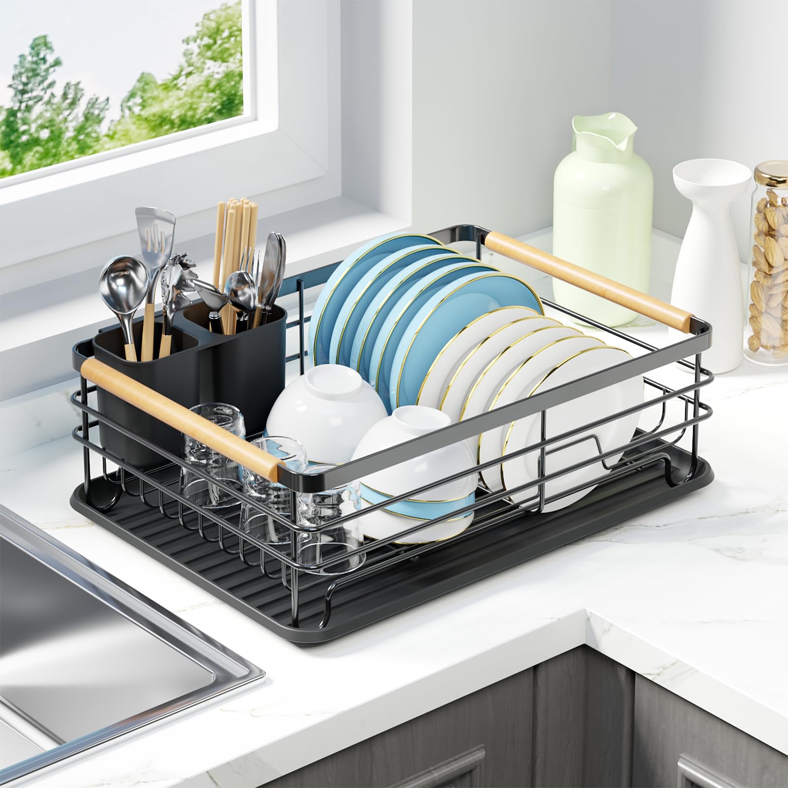 Jouzevic dish rack with wooden handles for easy movement