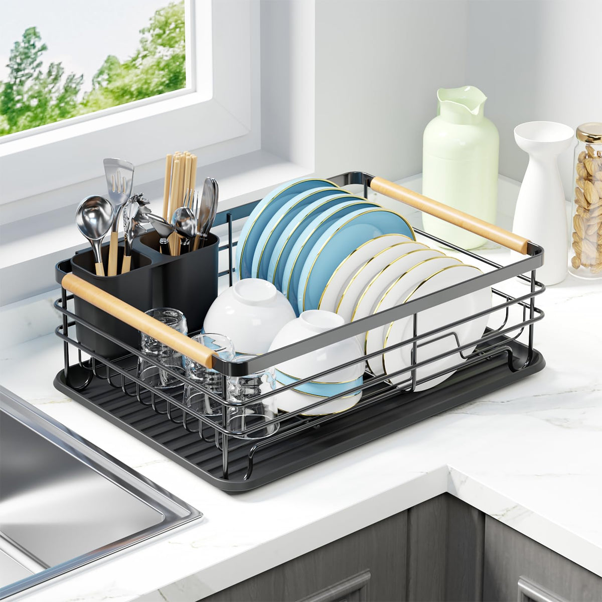 Jouzevic dish rack with wooden handles for easy movement
