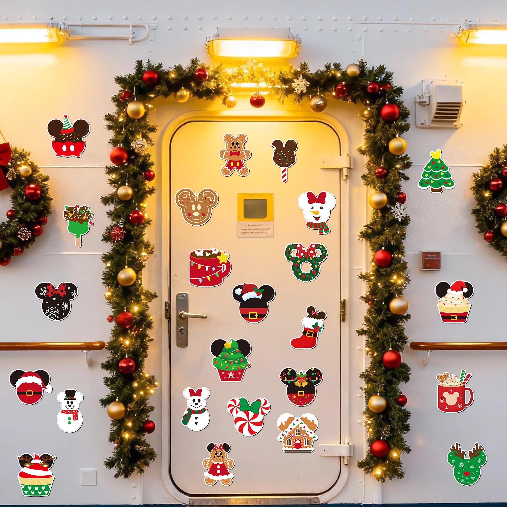 JovelliBom Christmas mouse magnets on refrigerator for festive mood.