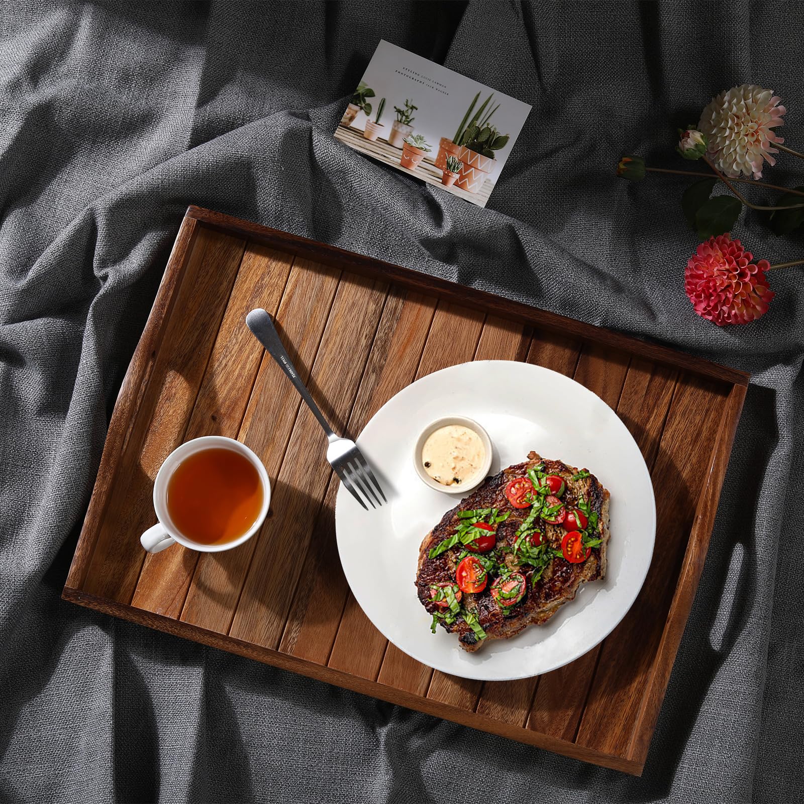 Joy&Grace acacia wood grain tray highlights texture and table decor improvement