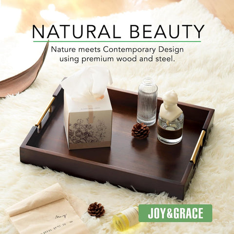 Joy&Grace acacia wood tray with handles highlights sturdy construction and easy serving on the coffee table