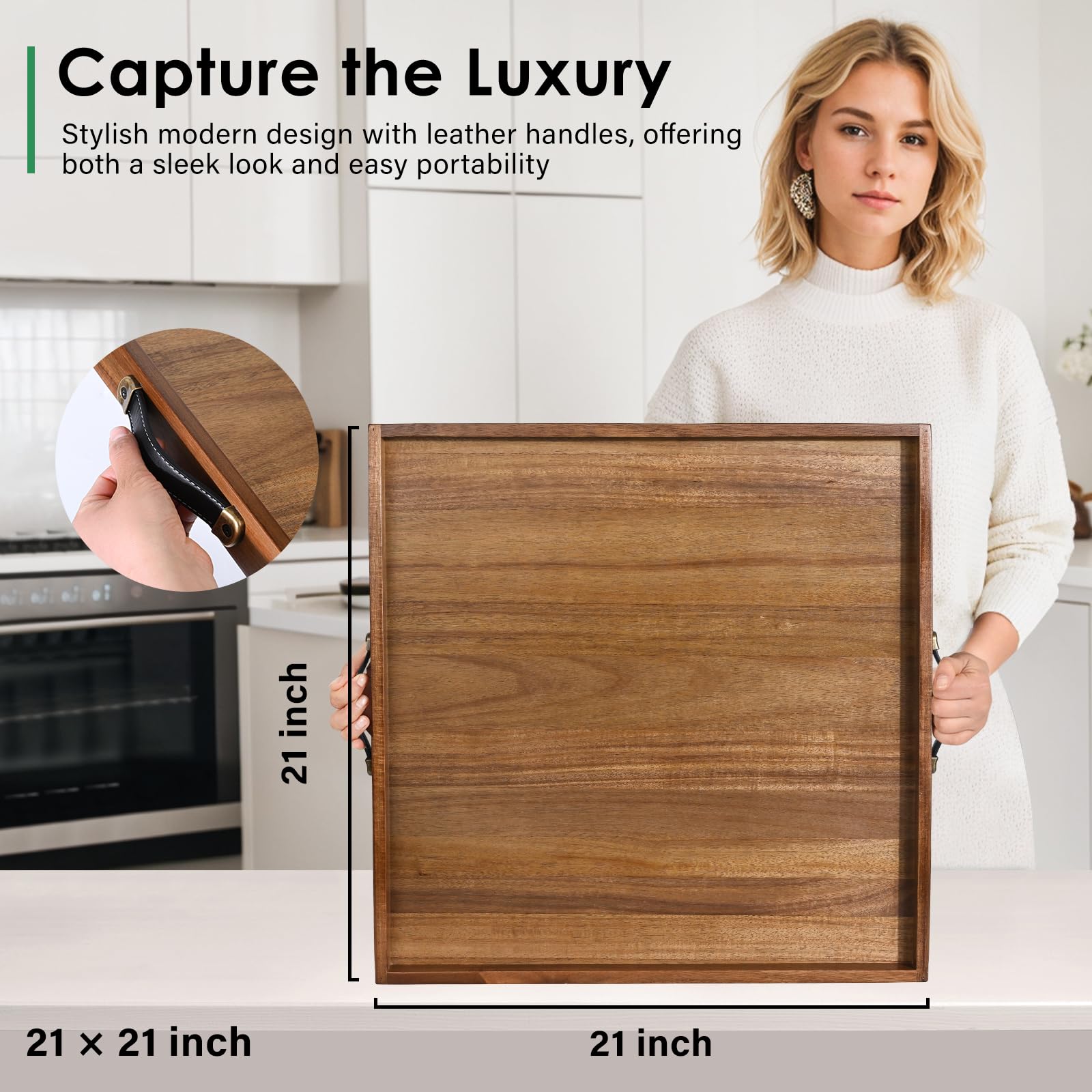 Joy&Grace acacia wood tray with leather handles ideal for dining and drinks