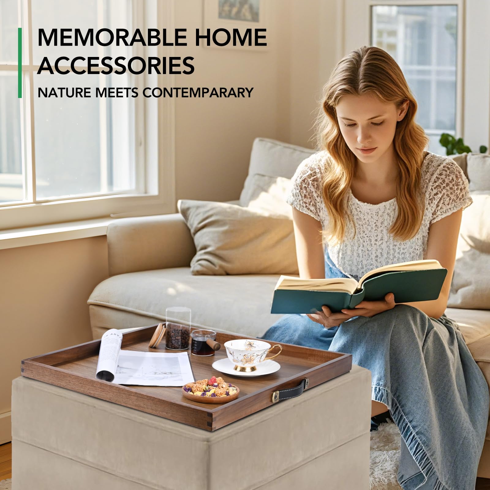 Joy&Grace coffee table tray shows natural wood texture, elevating décor
