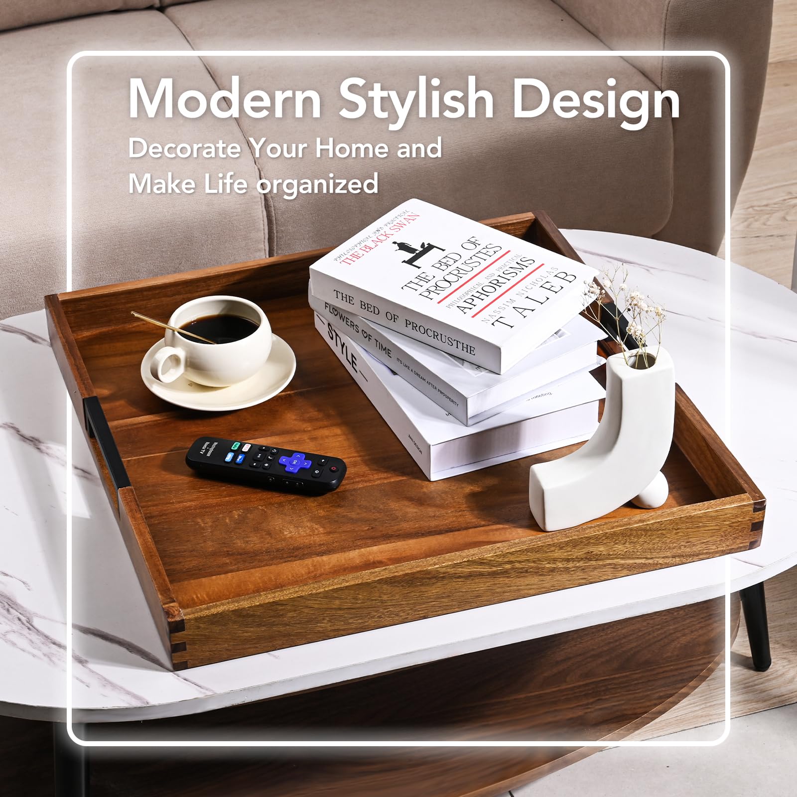 Joy&Grace coffee table tray doubles as decor and a functional organizer.