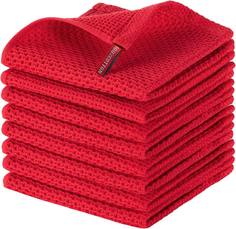 Joybest cotton kitchen dish cloths 8-pack red stack ready for daily cleaning tasks.