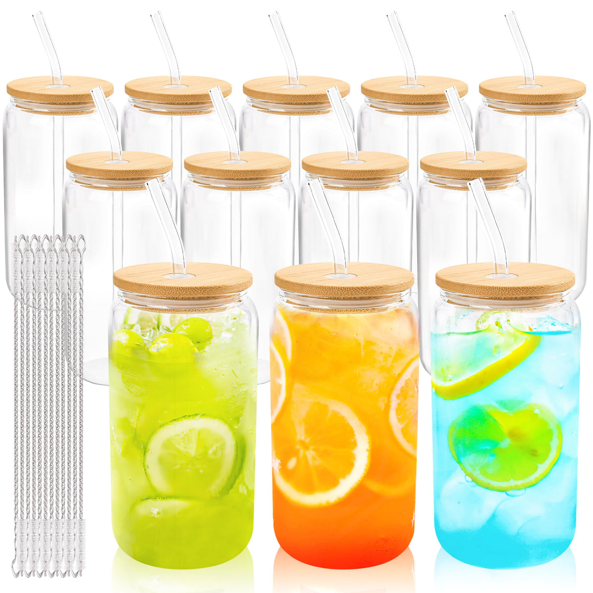 Joyclub 12-set glass cups with bamboo lids and glass straws for party-ready drinks.