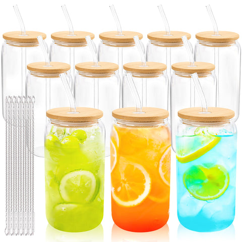Joyclub 12-set glass cups with bamboo lids and glass straws for party-ready drinks.