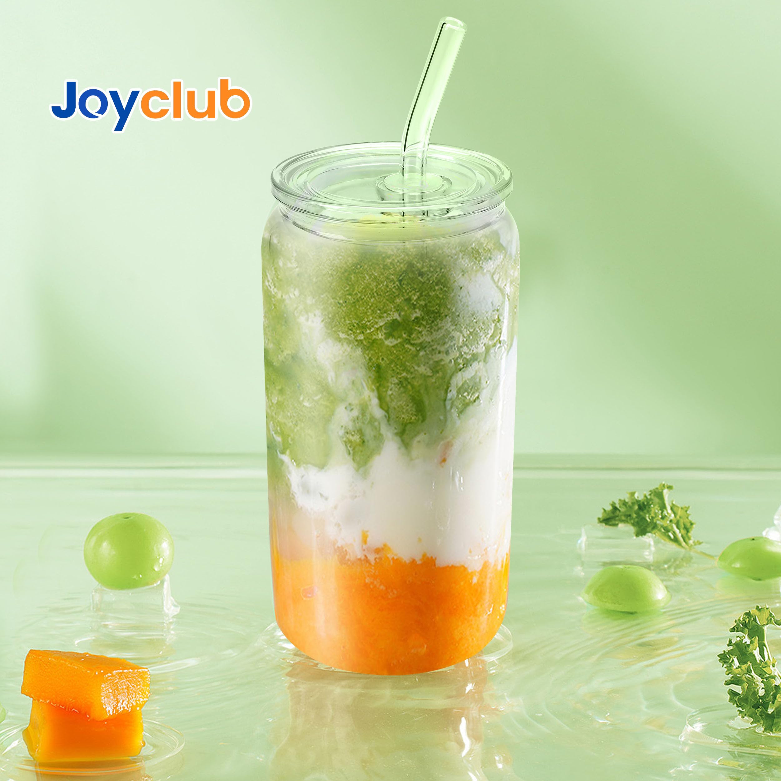 Joyclub 16oz can-shaped glass iced coffee cups showcase vibrant drink colors.