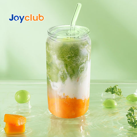 Joyclub 16oz can-shaped glass iced coffee cups showcase vibrant drink colors.