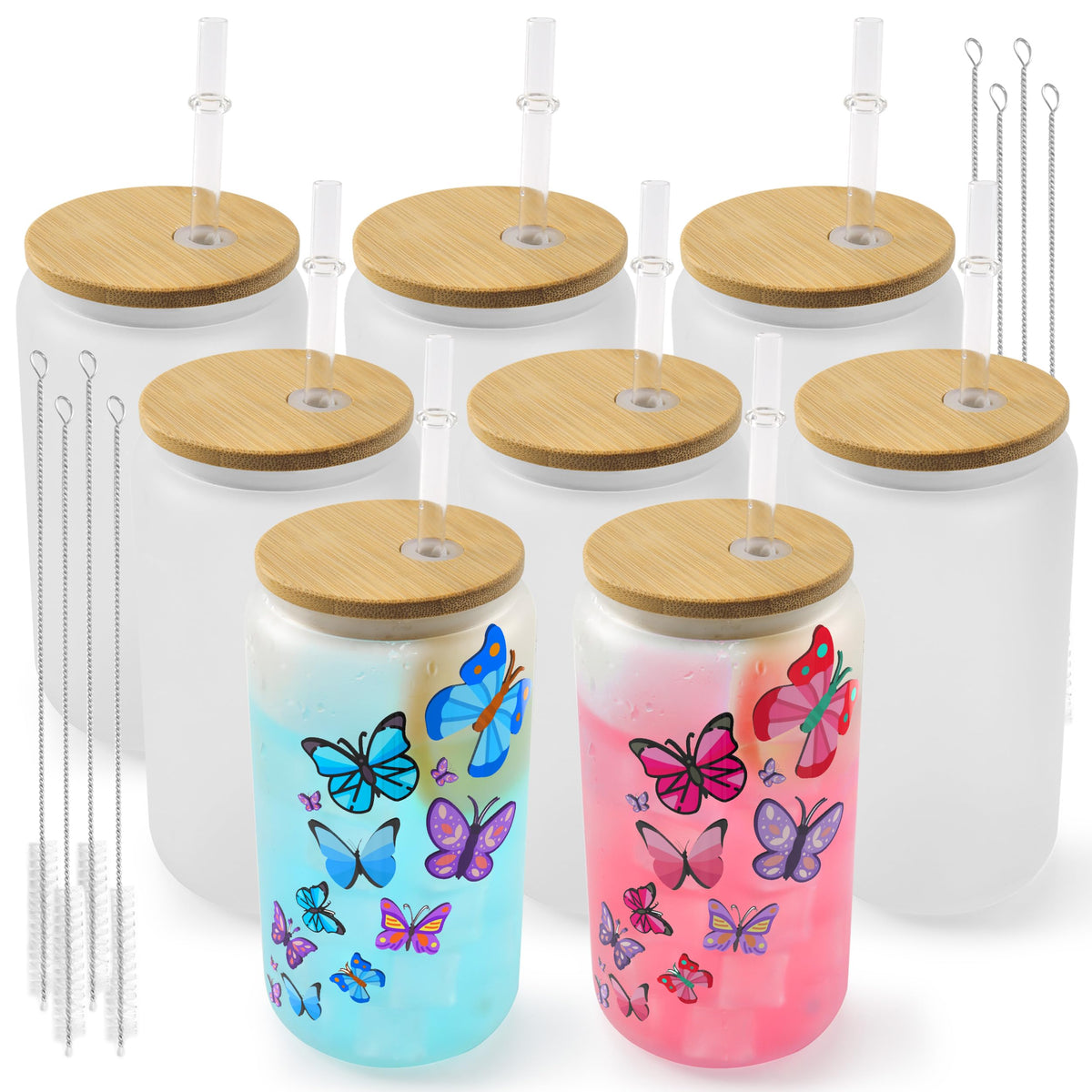 Joyclub 8-pack sublimation glass cups with bamboo lids for vibrant custom designs.