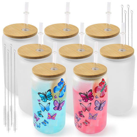 Joyclub 8-pack sublimation glass cups with bamboo lids for vibrant custom designs.