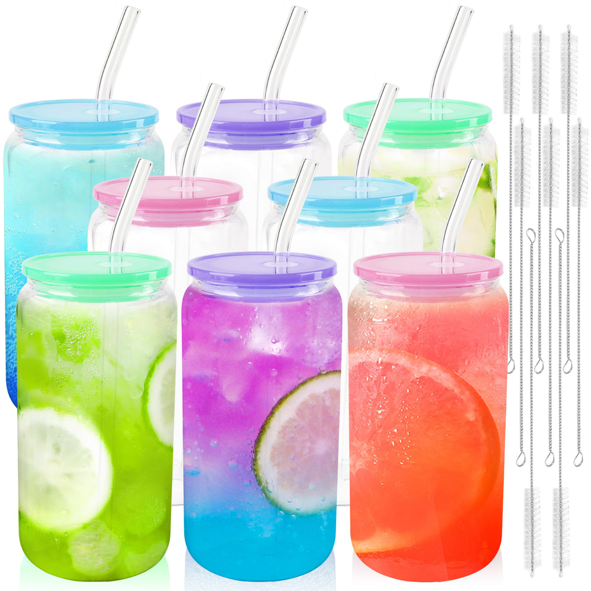 Joyclub 8-piece 16oz glass cups with acrylic lids showcase vibrant drinks.