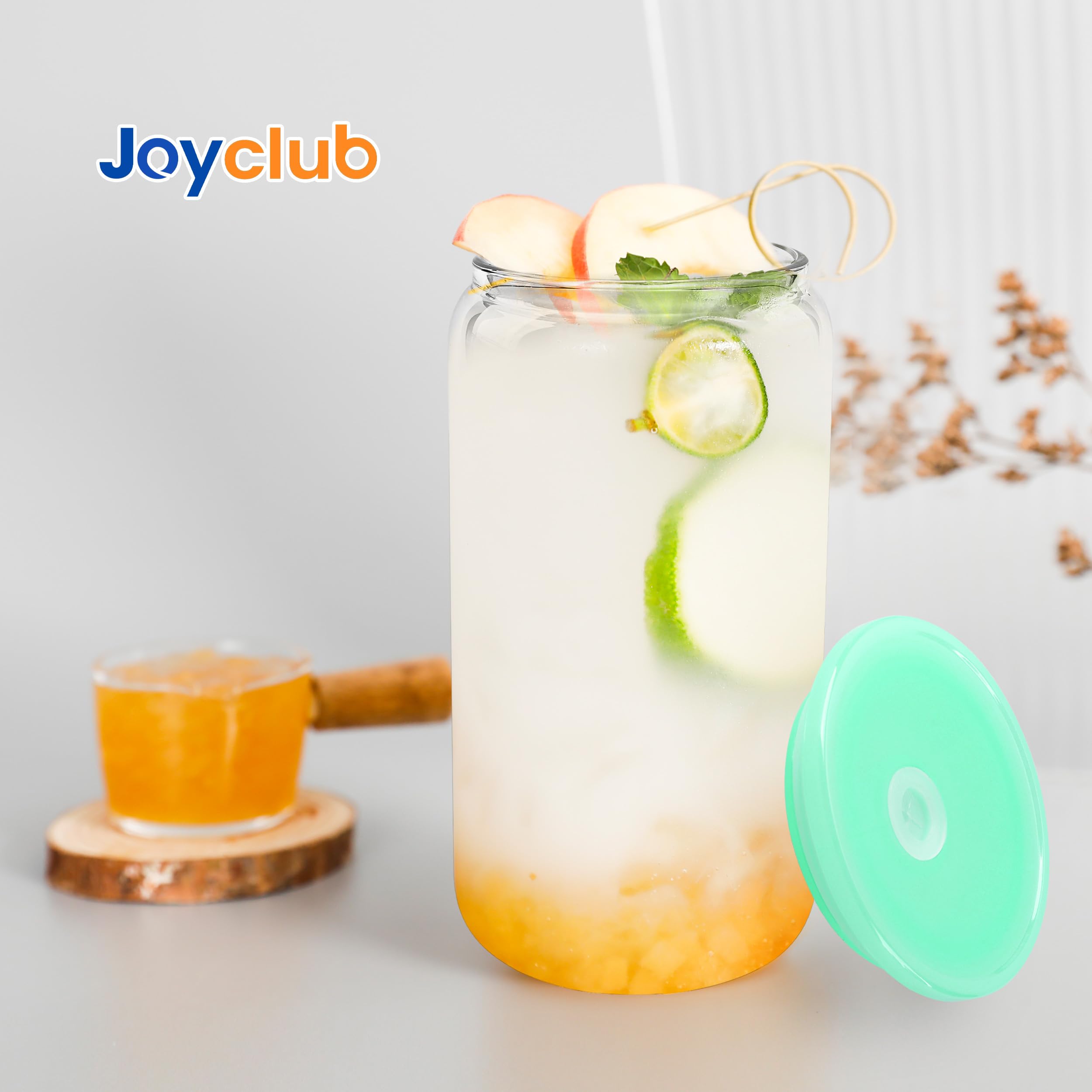 Joyclub colorful acrylic lids on glass cups add stylish color.