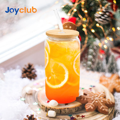 Joyclub clear 16oz cups showcase beverage colors, ideal for photos.