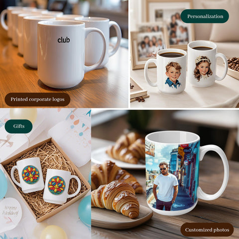Joyclub sublimation mugs display white ceramic cups with handles for daily coffee and tea.