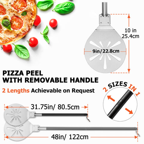 Joyfair pizza peel with long detachable handle for safe distance from heat.