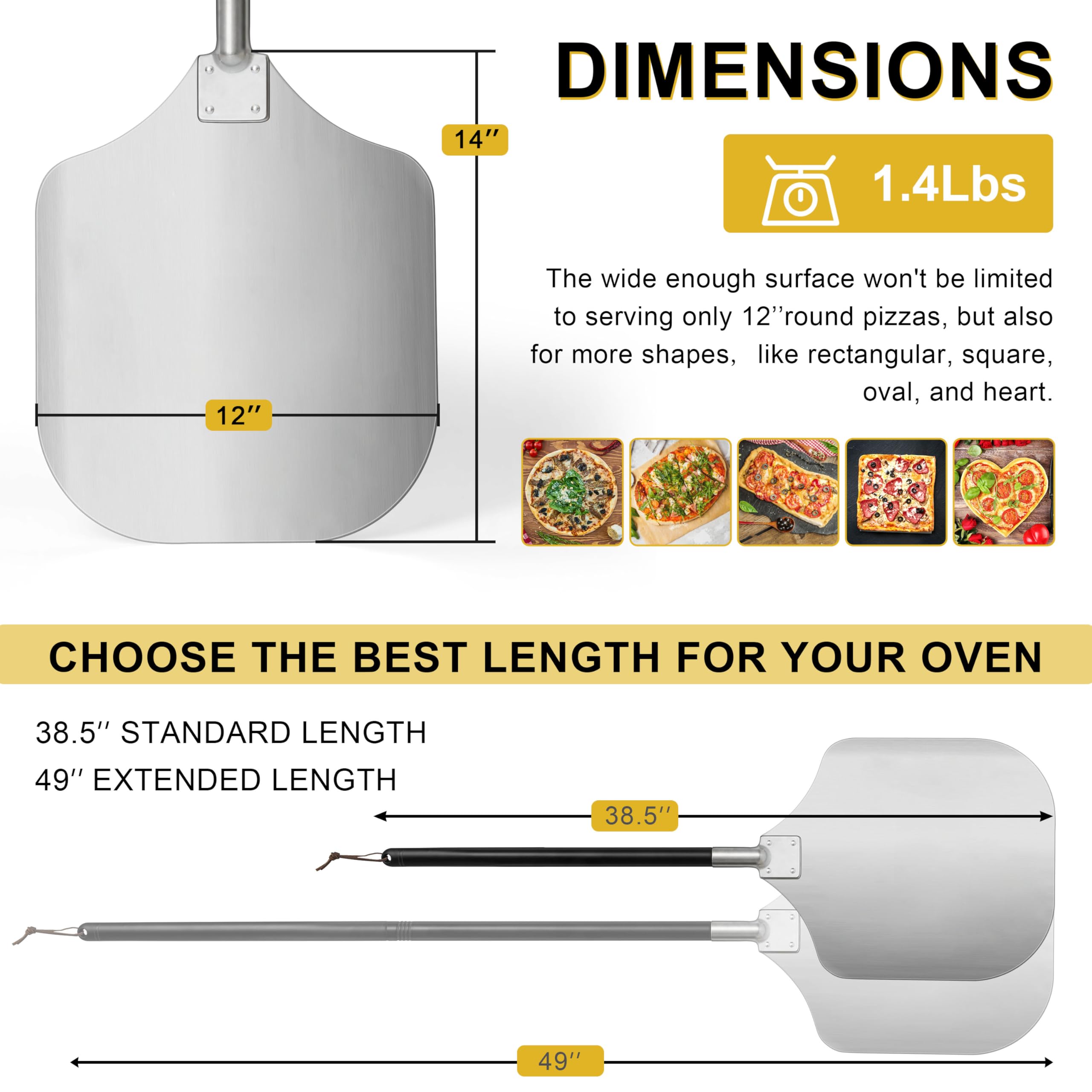 Joyfair long-handle pizza peel extending reach away from heat.