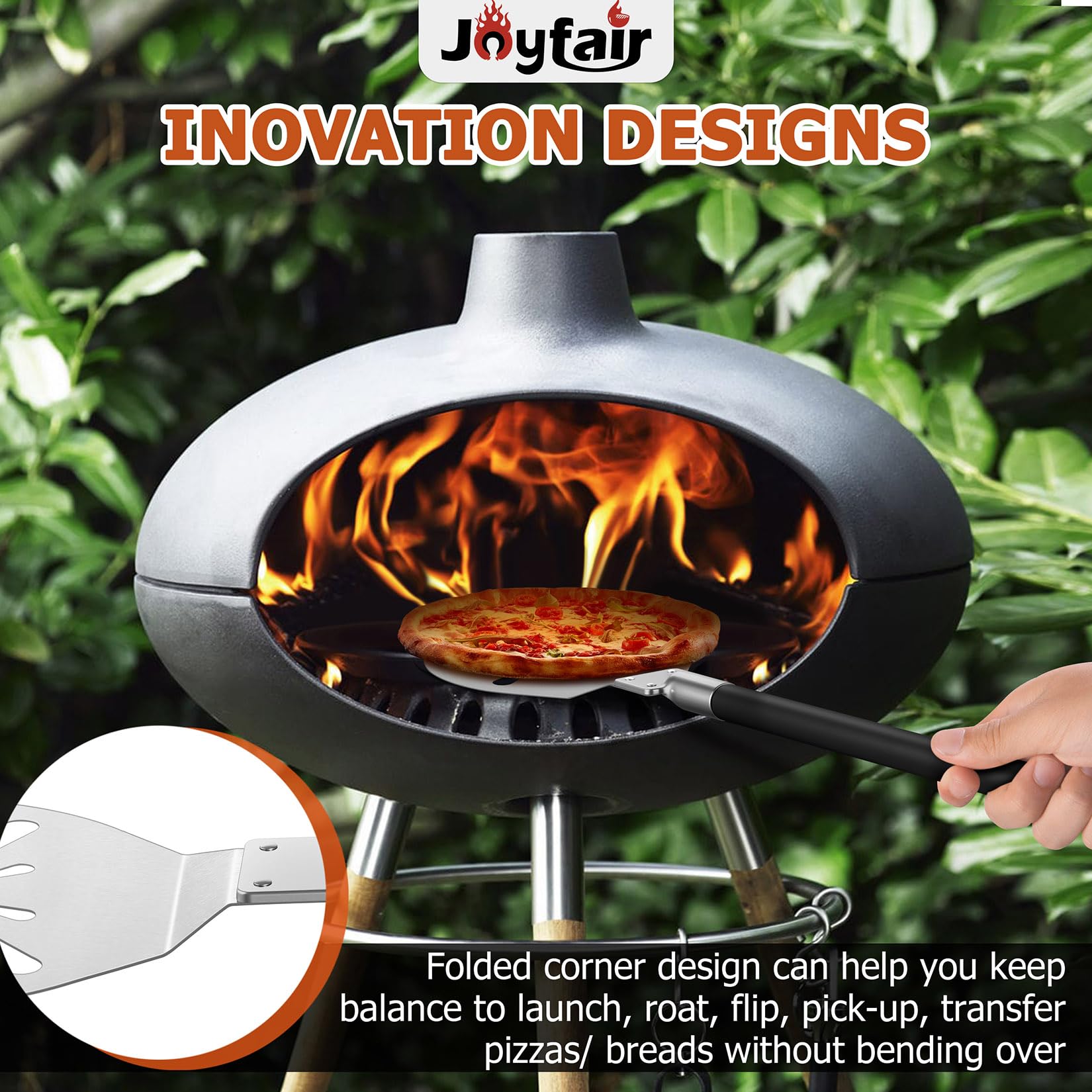 Joyfair oven-safe stainless steel spatula for smooth pizza transfers.