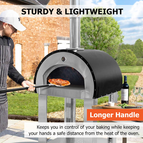 Joyfair pizza spatula with riveted joints for durable, sturdy use.