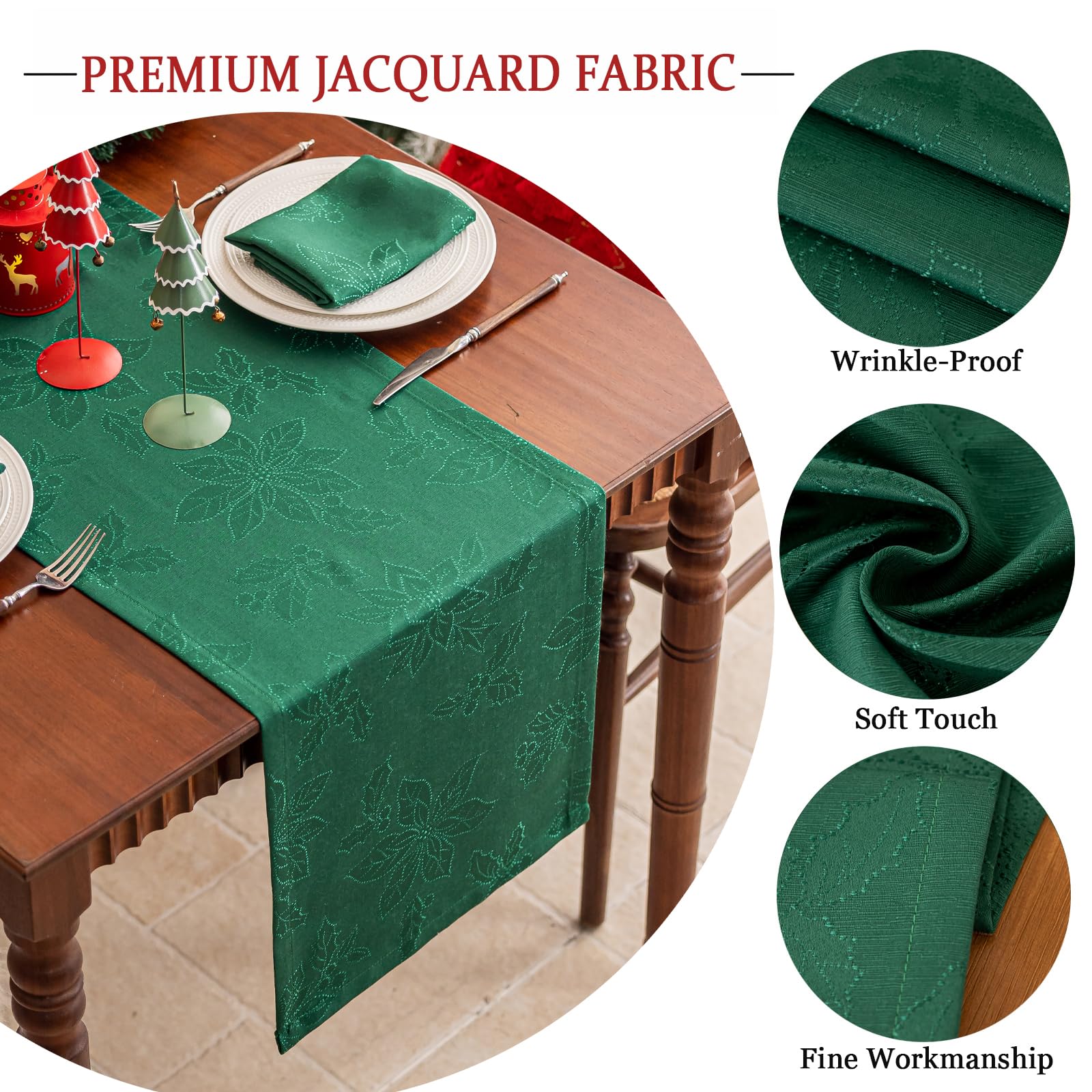 Joyfol Day green poinsettia pattern runner ideal for Christmas tables and seasonal decorating.