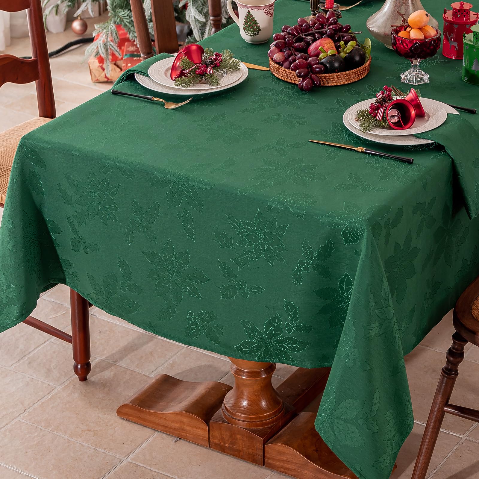 Joyfol Day green tablecloth on a dining setup highlighting seasonal elegance.