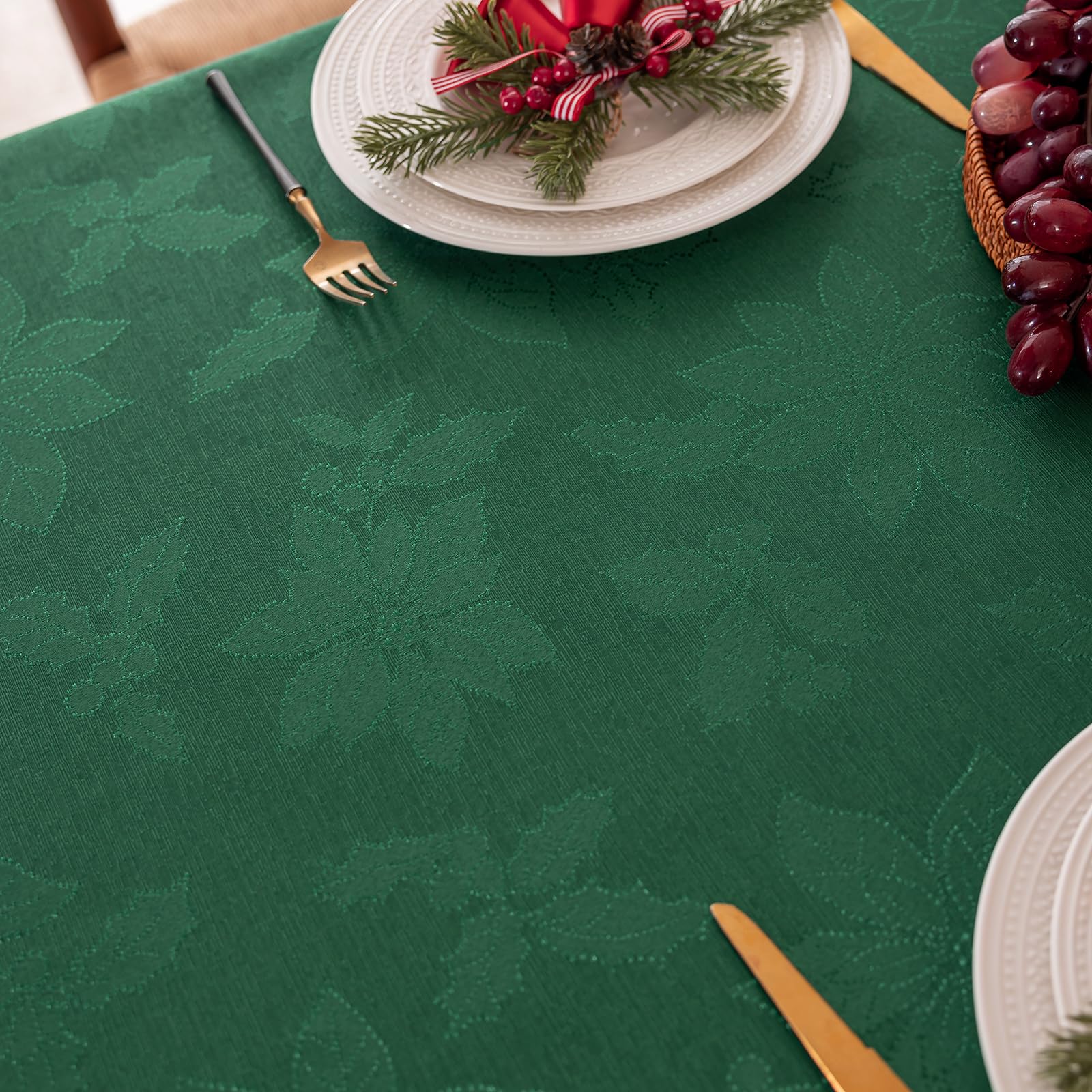 Joyfol Day holiday table setting with poinsettia motif creates a cozy ambiance.