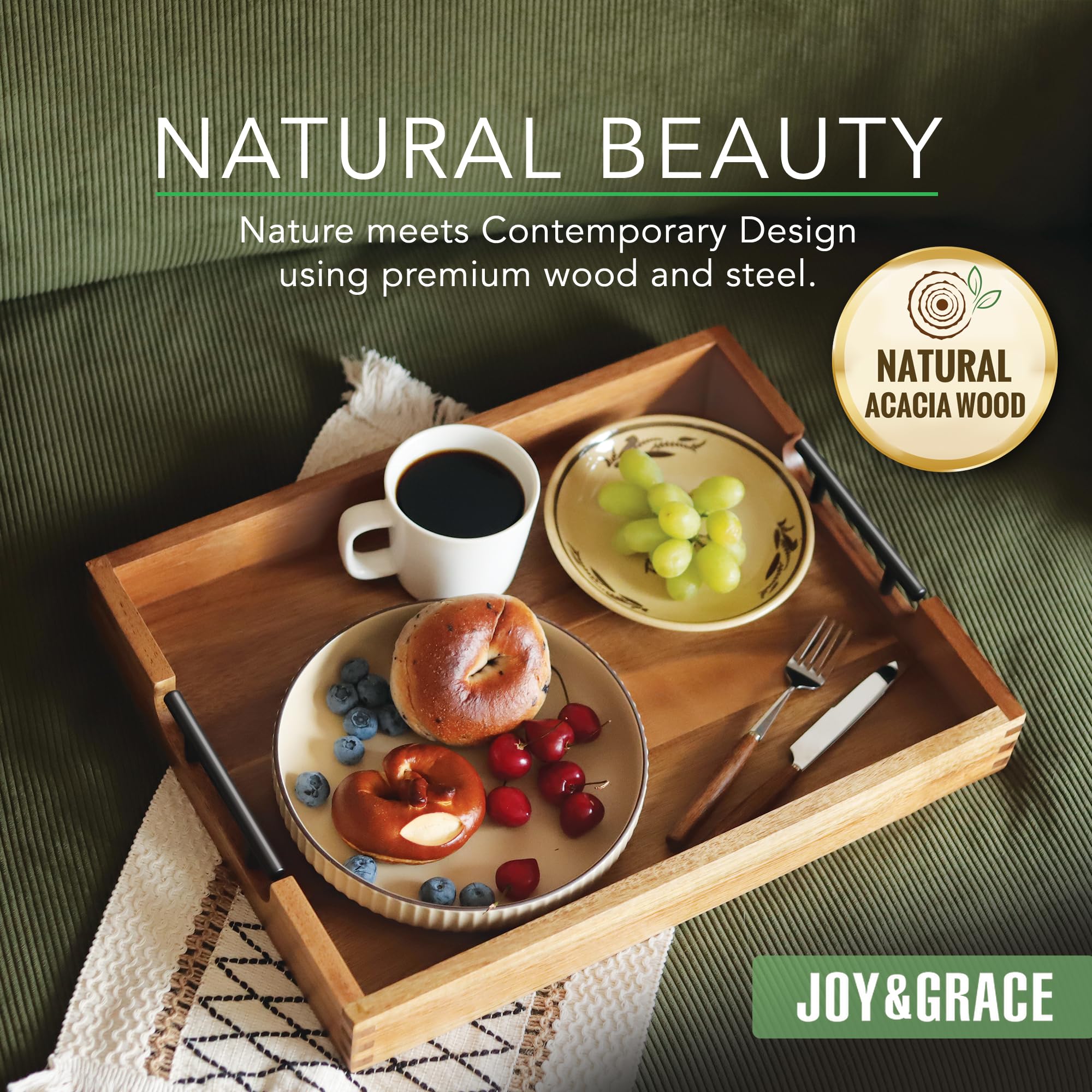 Joy&Grace ottoman tray with metal handles eases daily serving tasks.