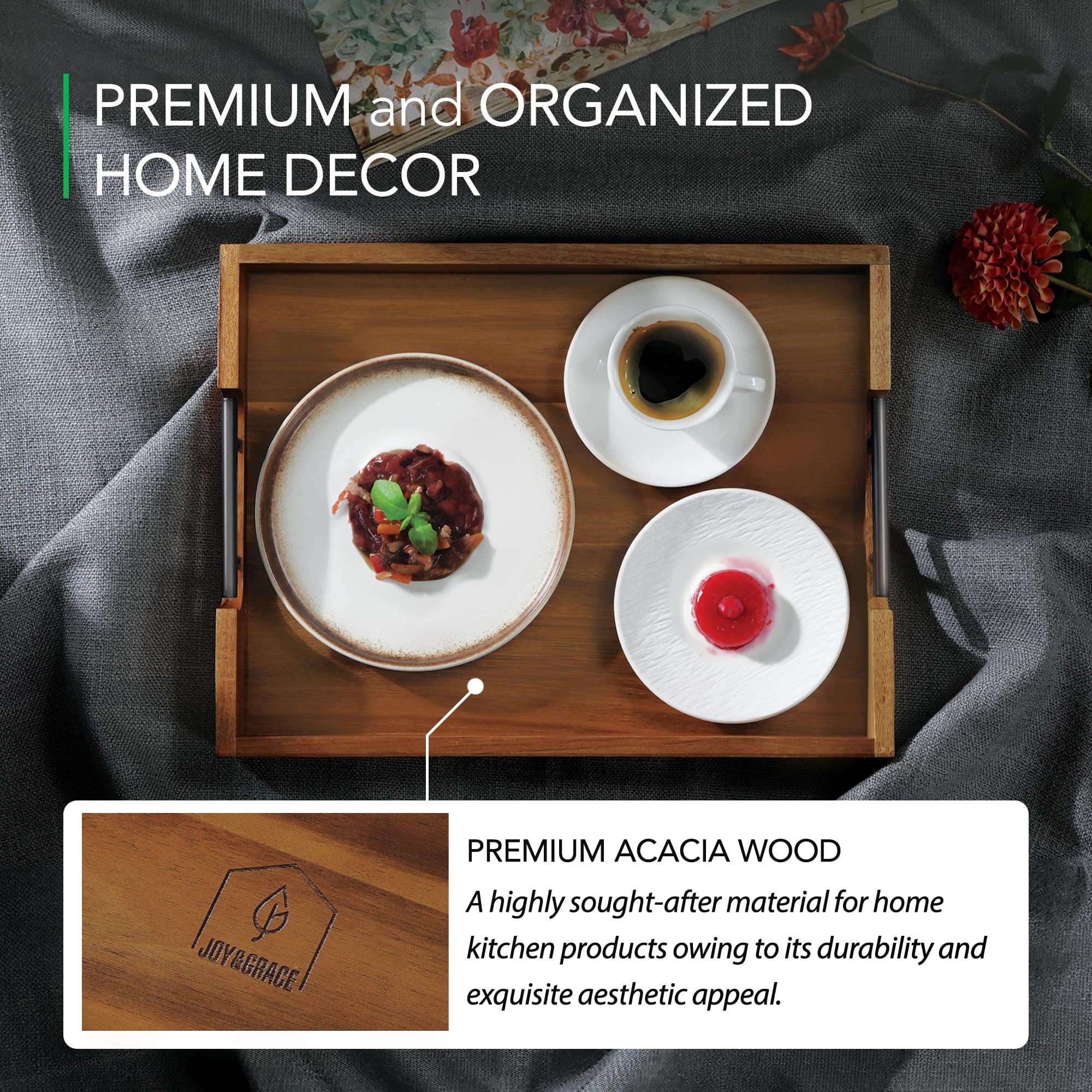 Joy&Grace serving tray highlights rich wood grain for versatile decor.