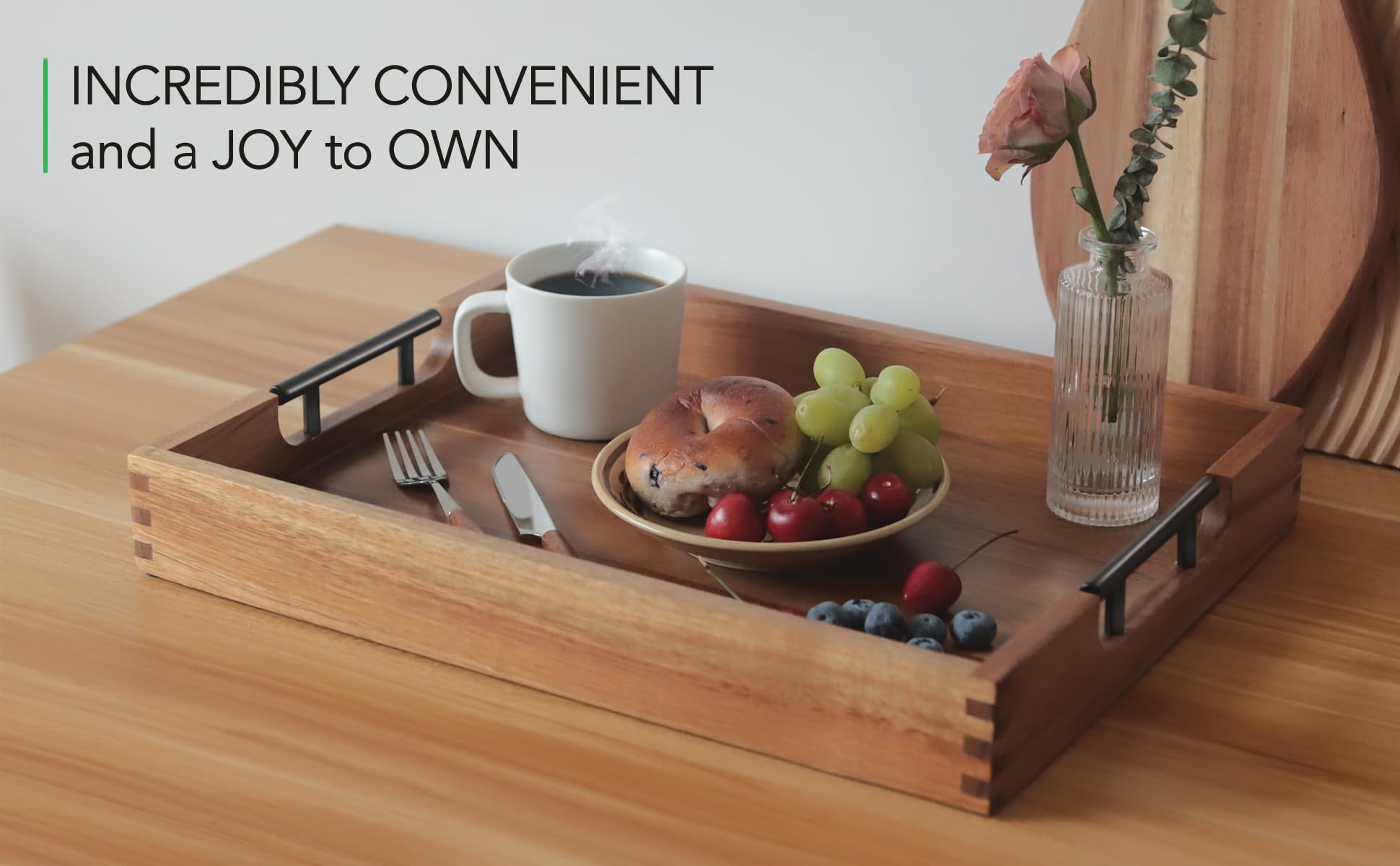Joy&Grace wooden tray protects surfaces with bottom pads.