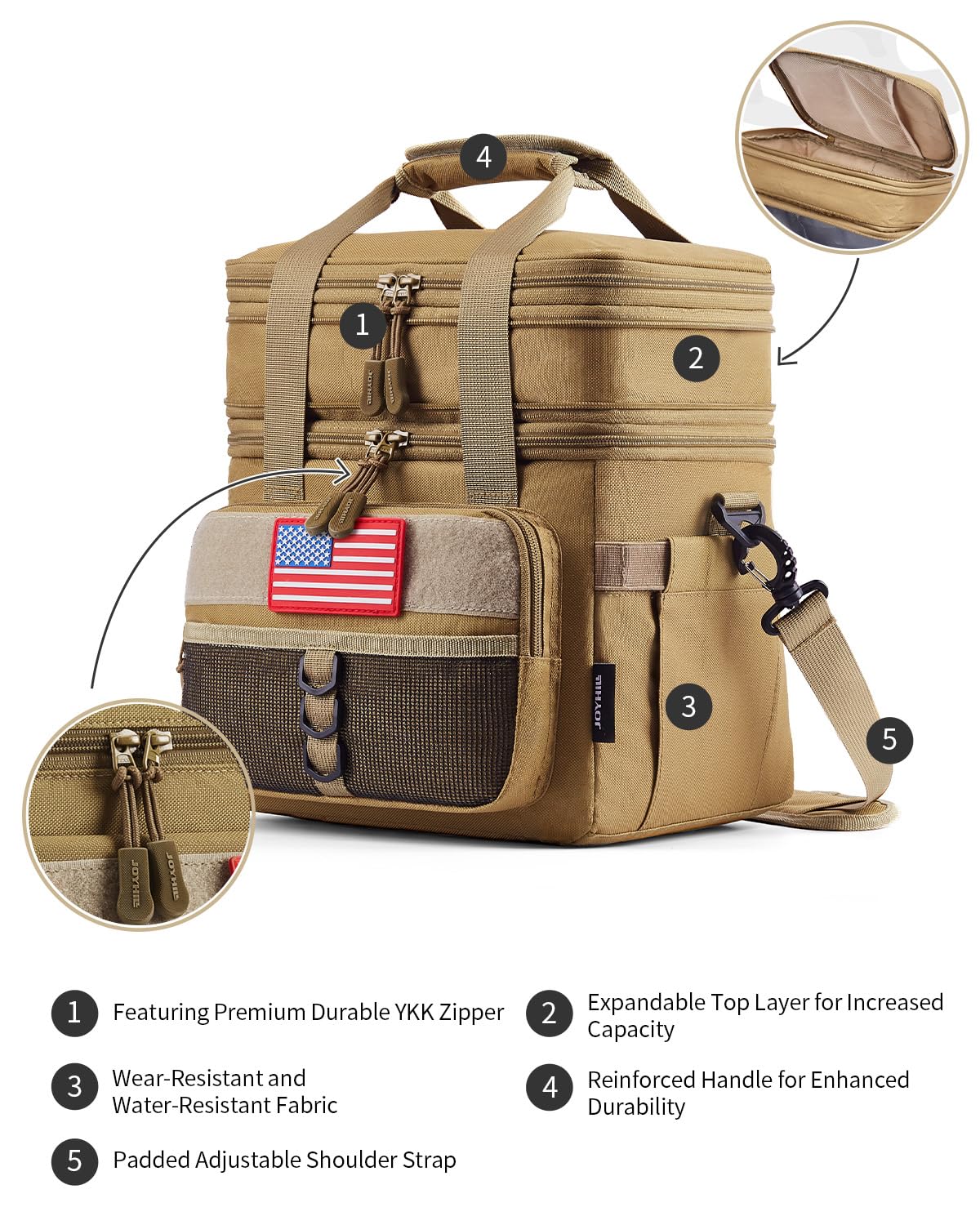 JOYHILL 18L dual-deck interior opens to organize large containers and drinks on adventures.
