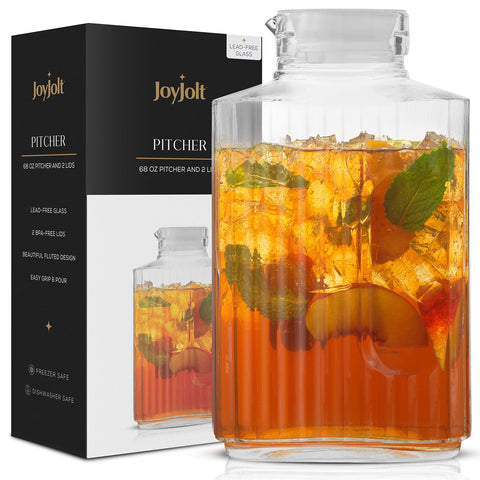 JoyJolt 68oz glass pitcher with lid for serving cold drinks.