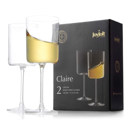 JoyJolt Claire white wine glasses front view highlighting crystal clarity for vibrant pours.