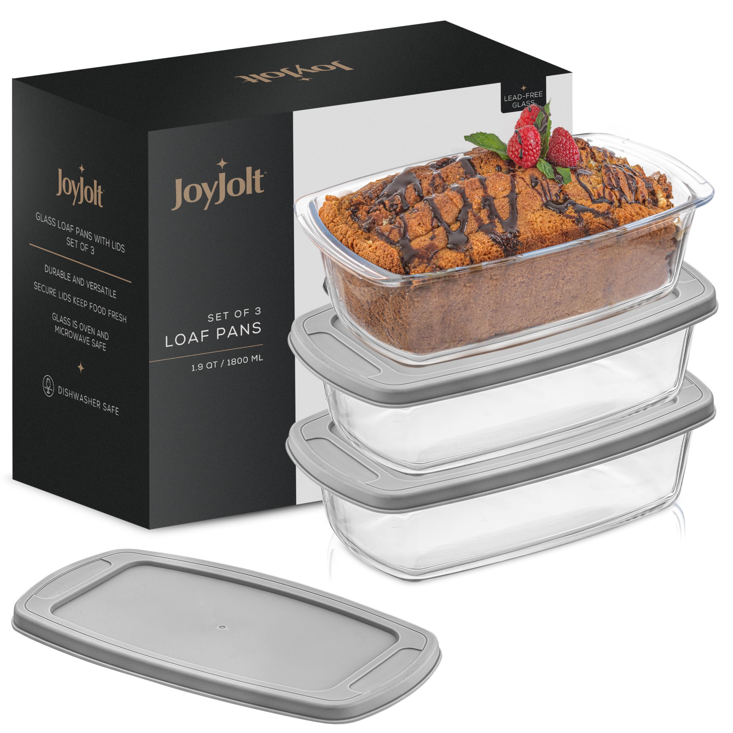 JoyJolt glass loaf pan set with lids front view for baking and storage.