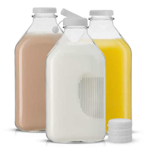 JoyJolt glass milk bottle 64oz for fridge storage and easy pouring.
