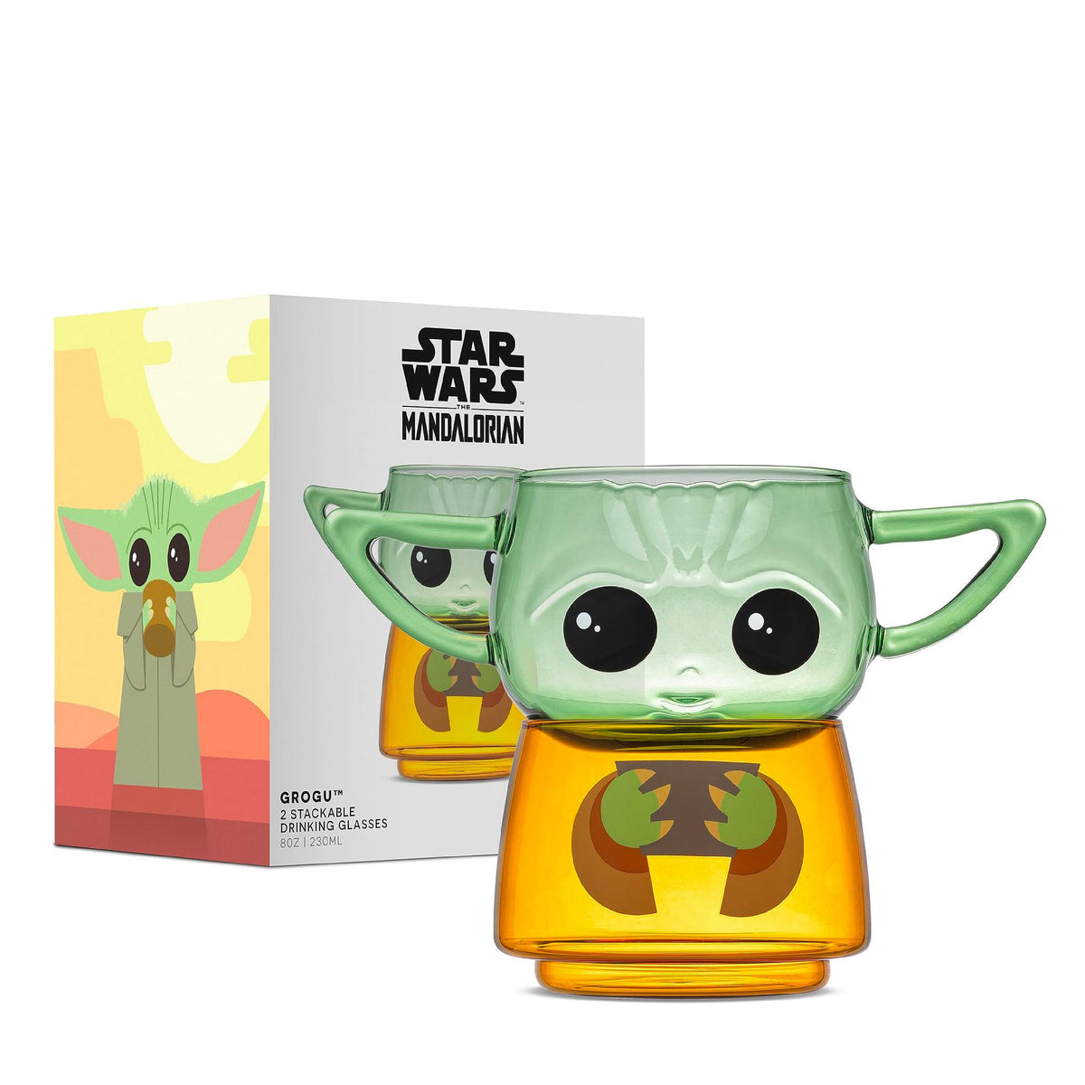 JoyJolt Grogu stackable glasses — front view perfect for playful Star Wars display and sipping.