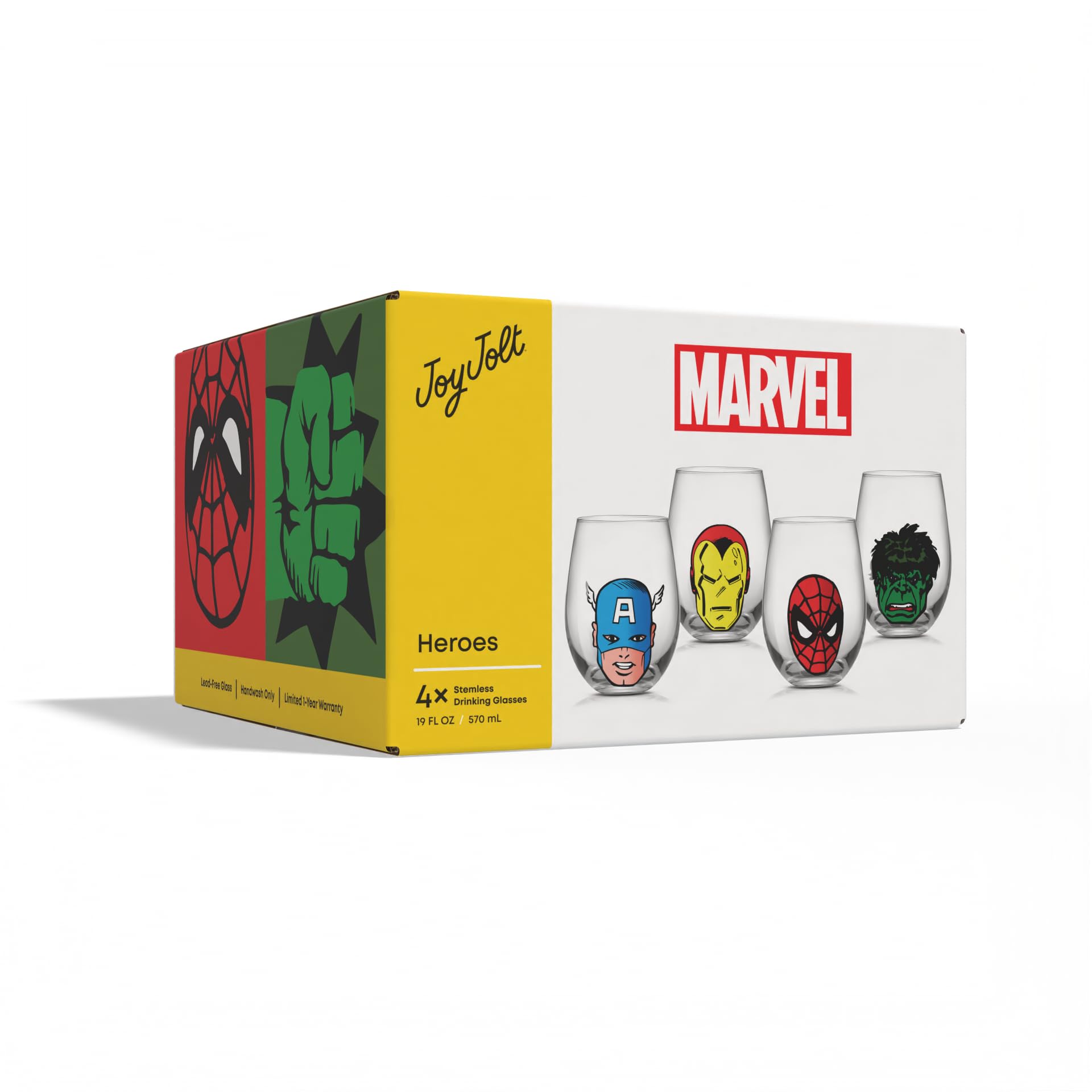 JoyJolt Marvel Heroes stemless 19oz glass offers comfortable grip and durability
